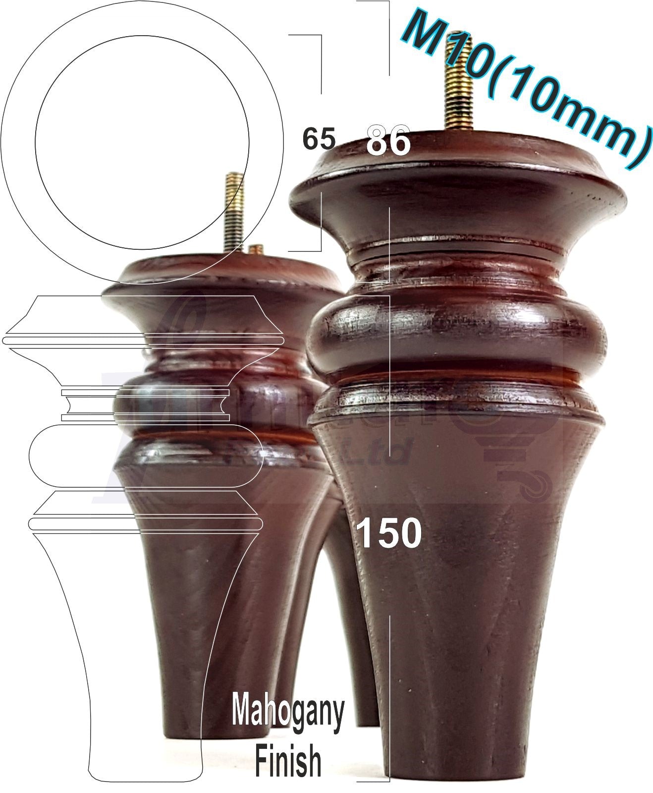 4 Turned Furniture Legs 150mm High Replacement Feet M10 Thread For Settees Chairs Sofas