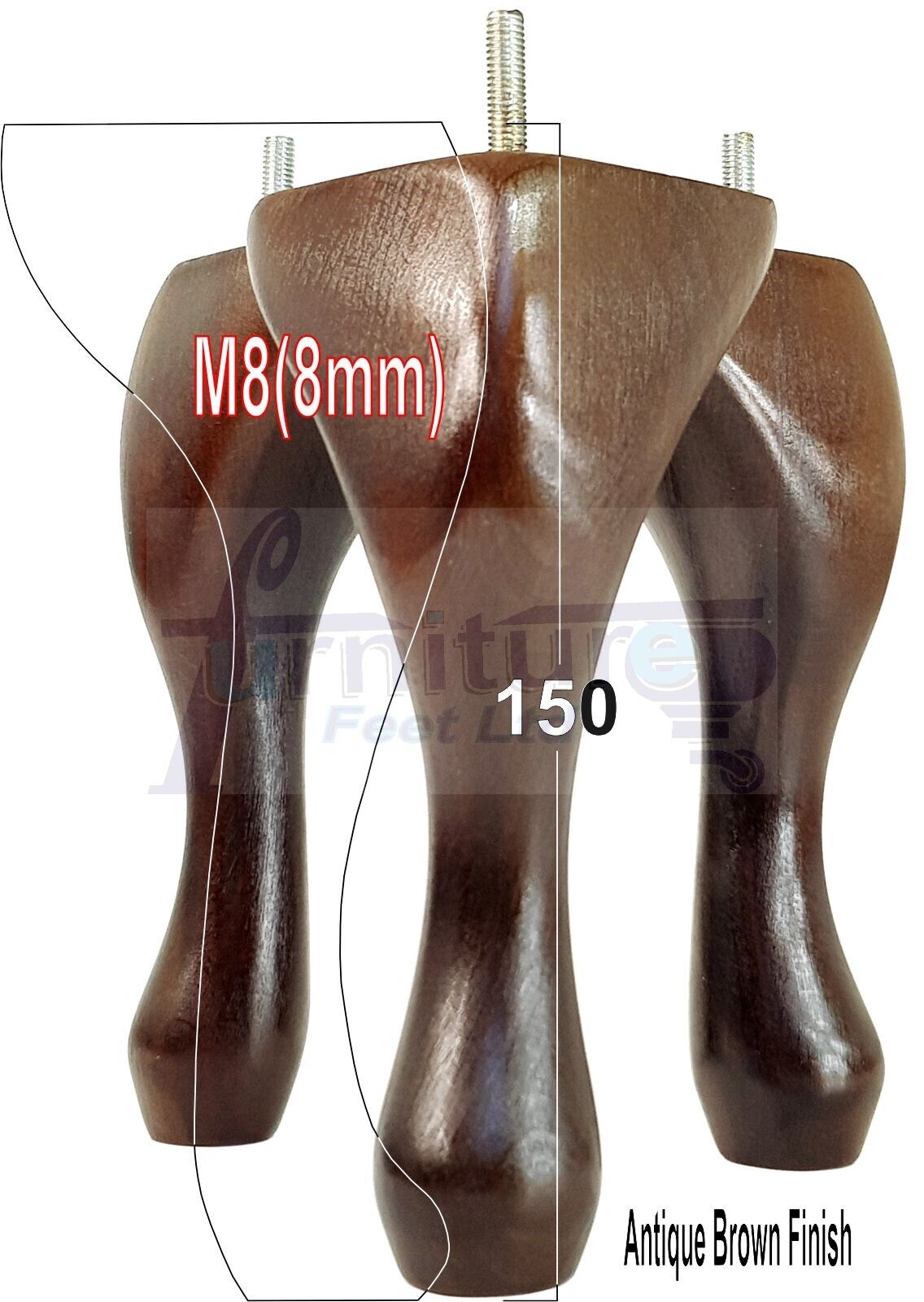 4 Solid Wood Furniture Feet 150mm High Queen Anne Replacement Legs M8 (8mm) 6 Inches Chair Stools Bed Sofa Georgian Style