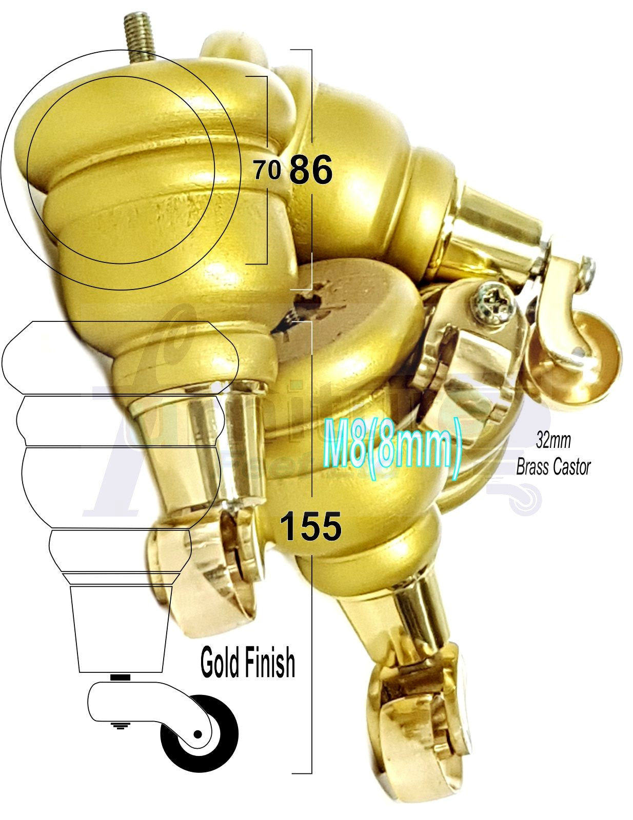 4 Turned Wood Furniture Feet With Brass Castors 155mm Legs Sofas Chairs Stools Cabinets Beds M8 6 Inches