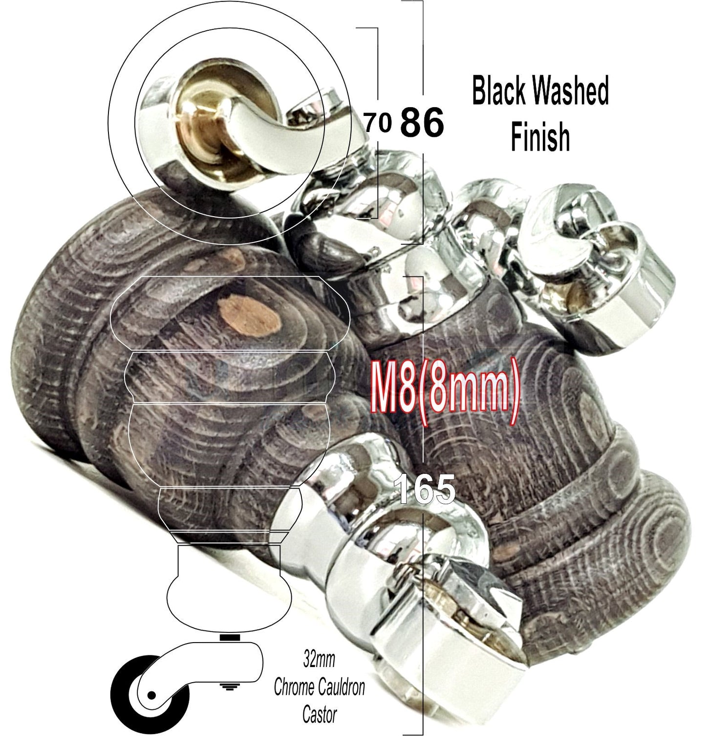 4 Turned Wood Furniture Feet With Chrome Cauldron Castors 155mm Legs Sofas Chairs Stools Cabinets Beds M8 6 Inches