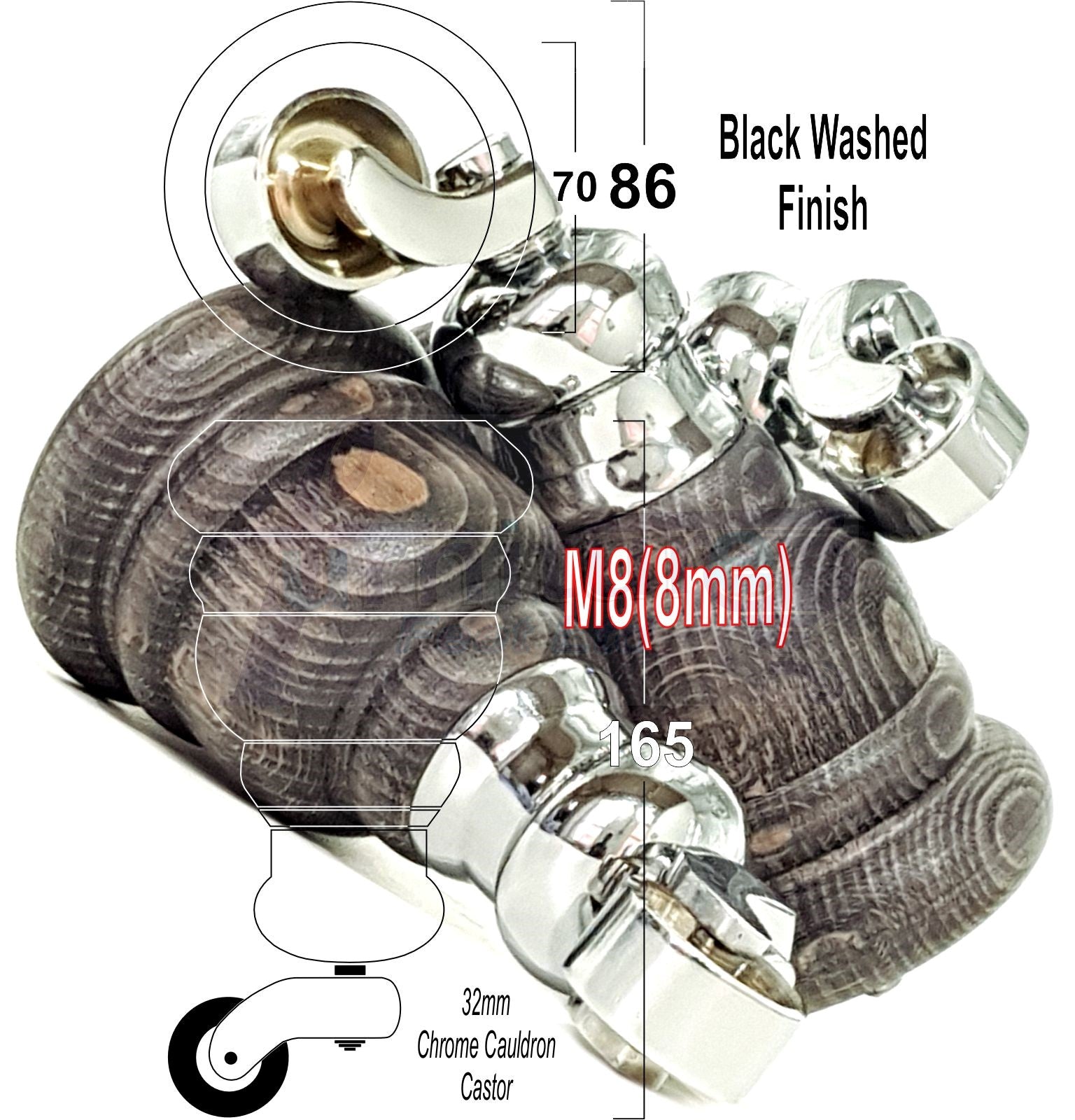 4 Turned Wood Furniture Feet With Chrome Cauldron Castors 155mm Legs Sofas Chairs Stools Cabinets Beds M8 6 Inches
