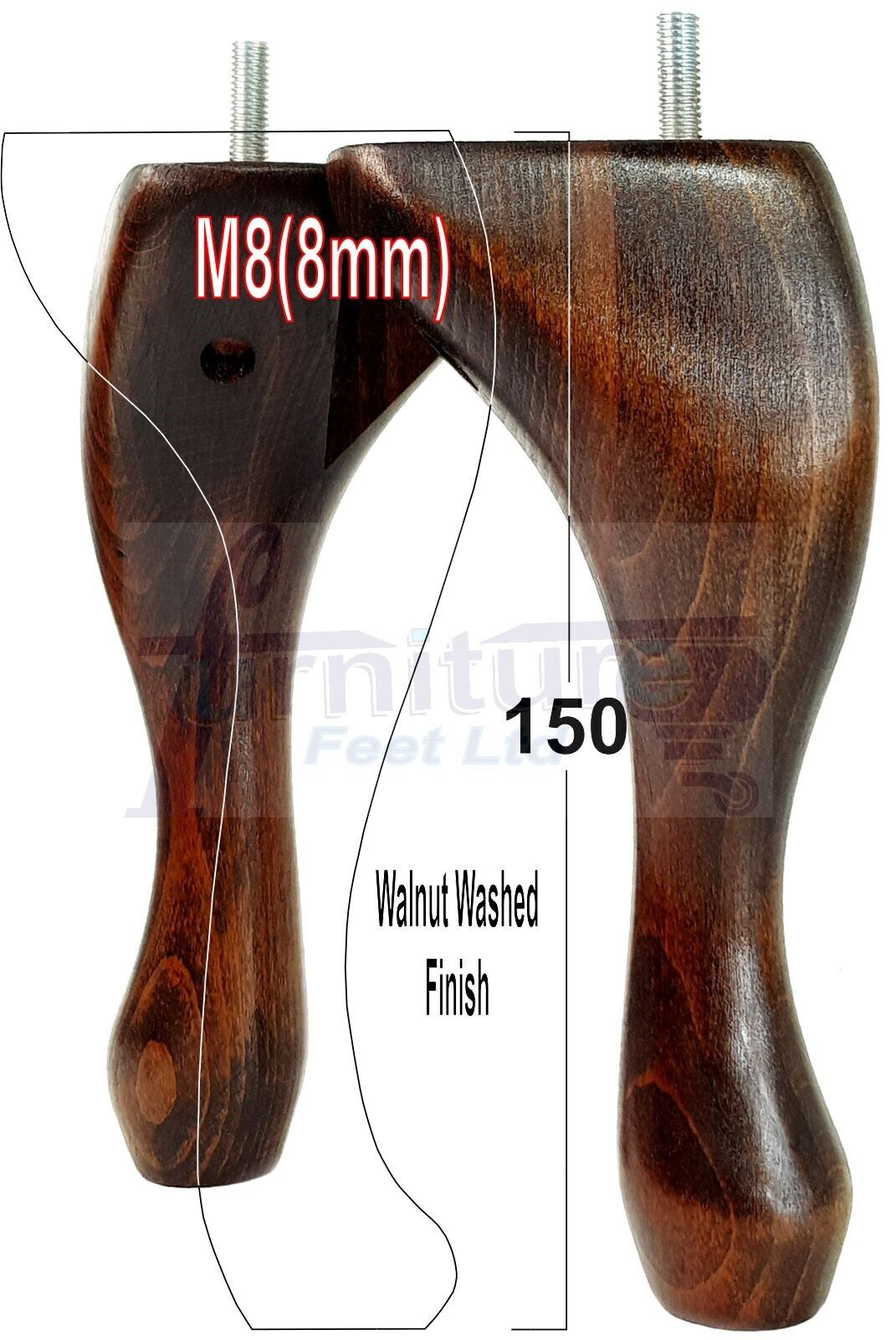 4 Solid Wood Furniture Feet 150mm High Queen Anne Replacement Legs M8 (8mm) 6 Inches Chair Stools Bed Sofa Georgian Style
