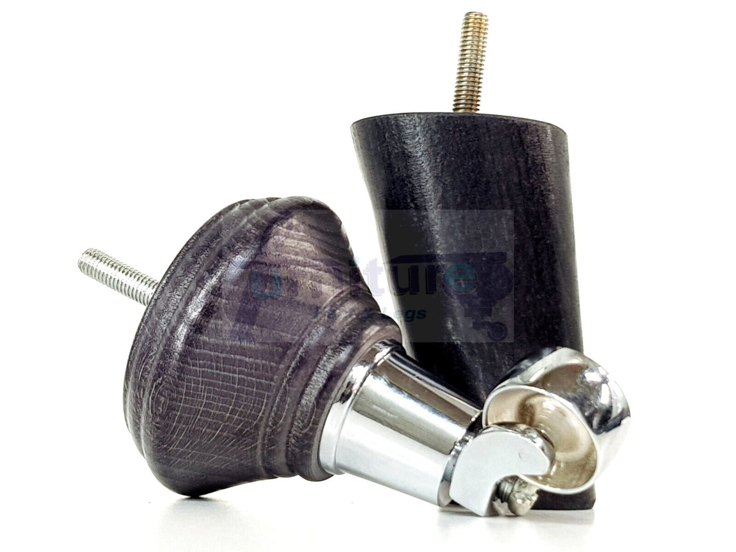 2 Black Stain Wood Furniture Sofa Legs With Castor 125mm & 2 Angled Back Feet Chair Settee 100mm High M8