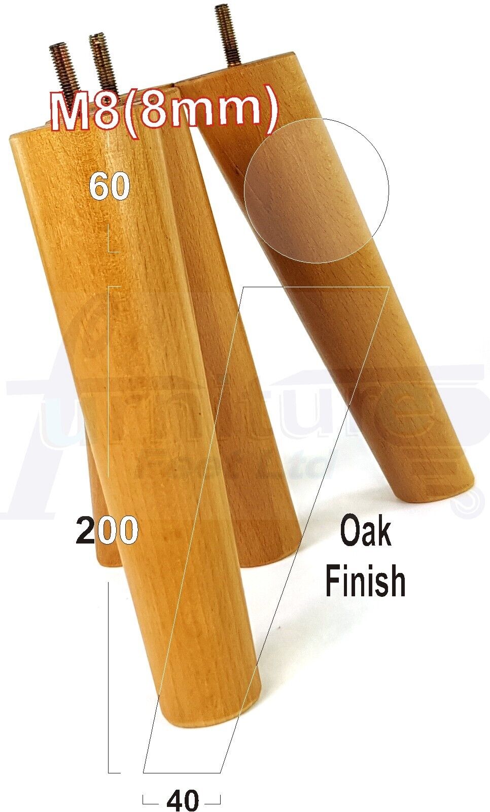 4 Solid Wood Turned Furniture Feet Replacement Mid Centry Angled Retro Legs 200mm High M8 Sofa Chairs Stools Cabinets Beds