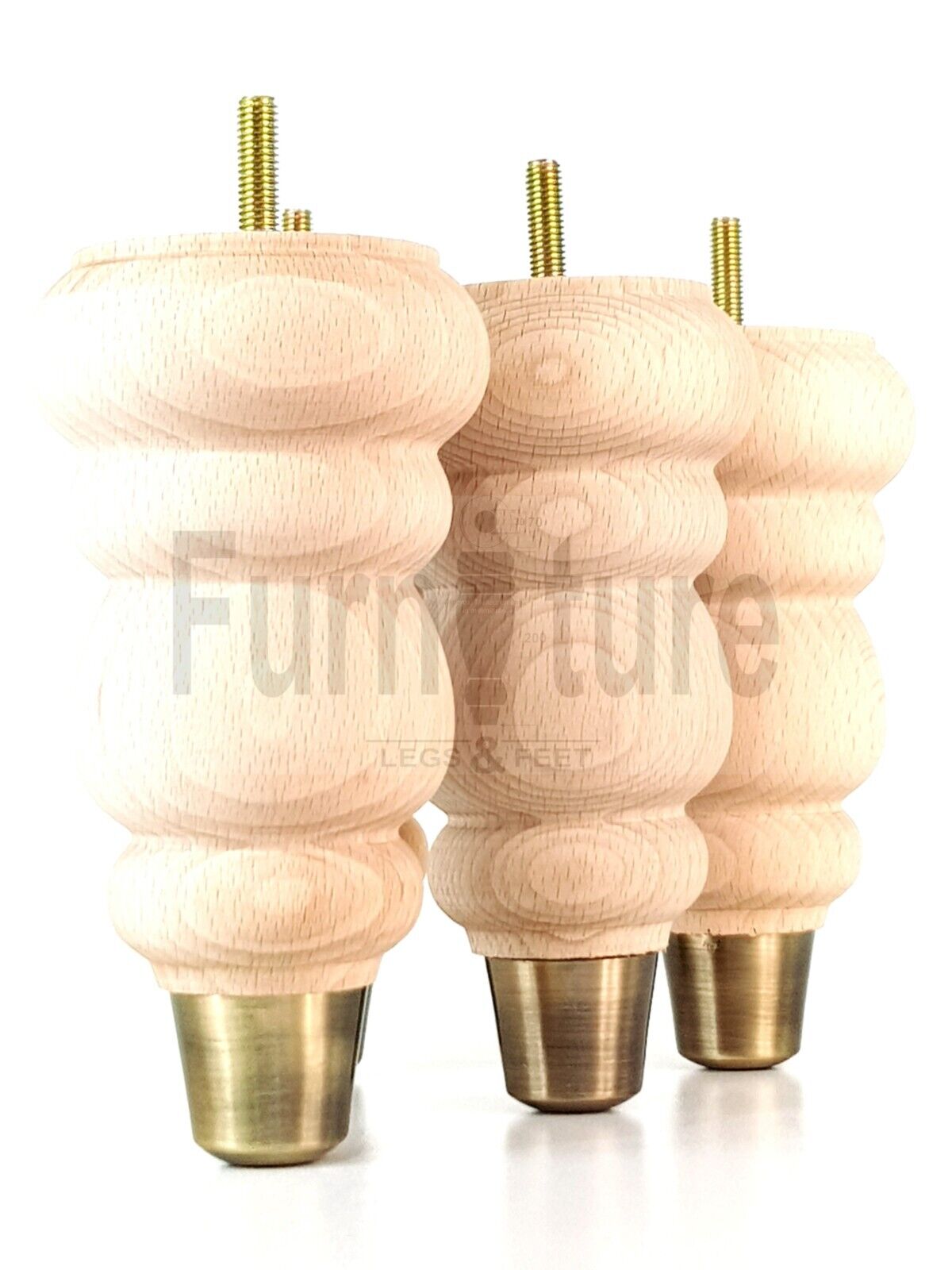 4x Round and Turned Wood Furniture Legs With Brass Slipper Cups Replacement Feet 165mm High M8 Thread