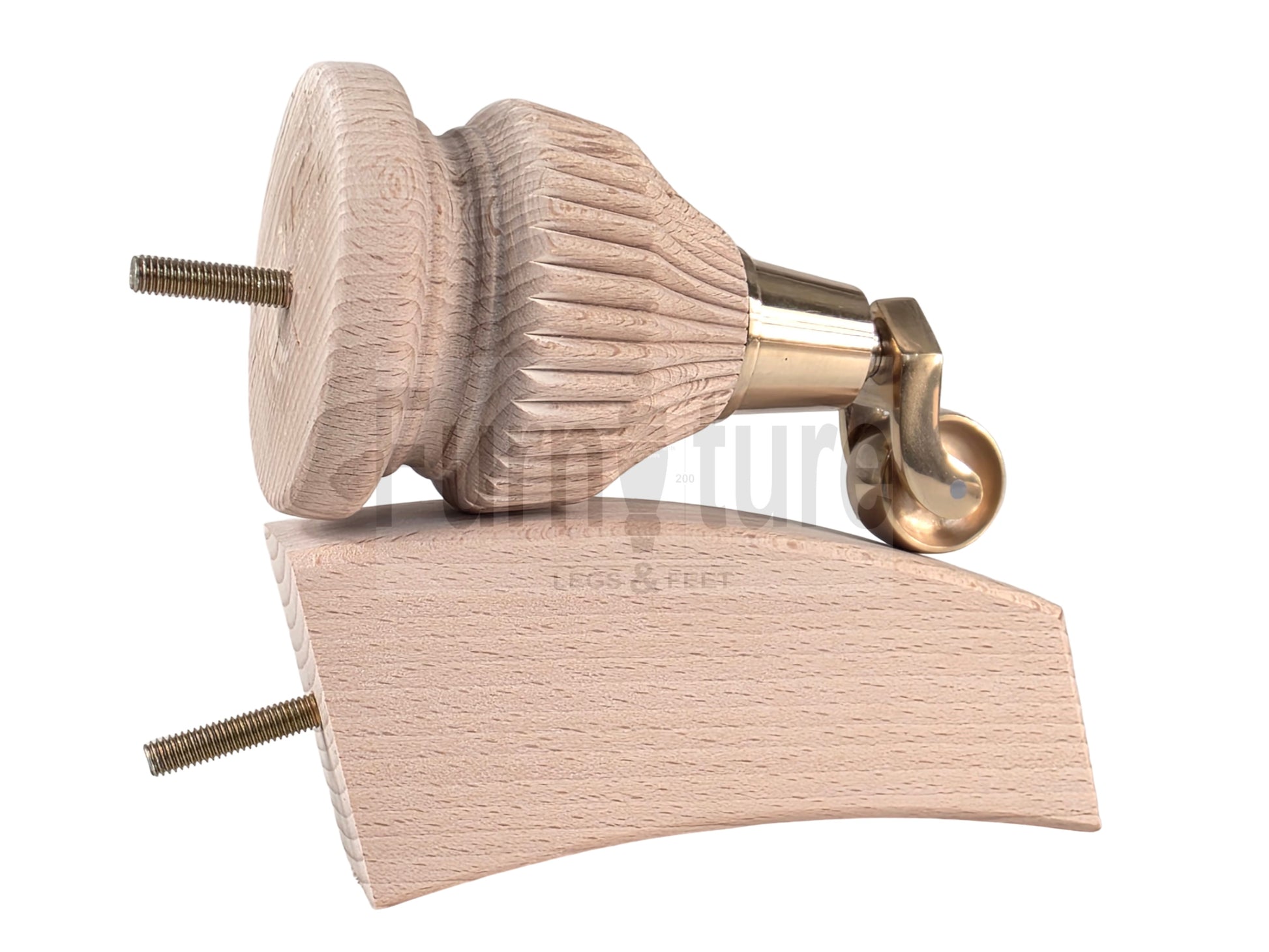 Solid Wood Replacement Furniture Legs 6 Inches with 2x Castors and 2x Back Feet 155mm High M8 Dowl Fixing - Raw Wood