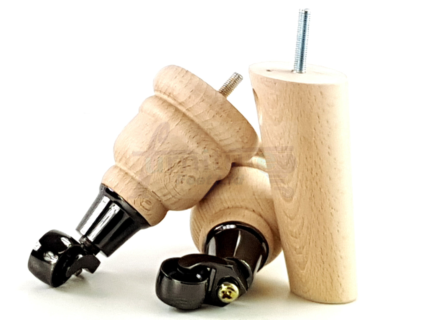 Raw Turned Wood Replacement Furniture Legs 2x with Black Castors and 2x Angled Back Legs M8 Dowl Fitting 155mm High 6 Inches