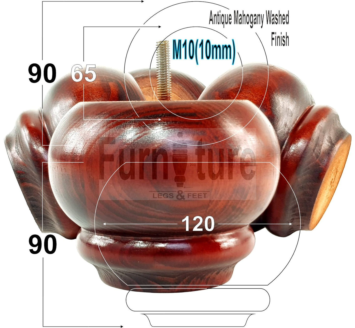  4 Turned Wooden Furniture Legs Replacement Feet 50mm High 10mm Thread For Settees, Chairs