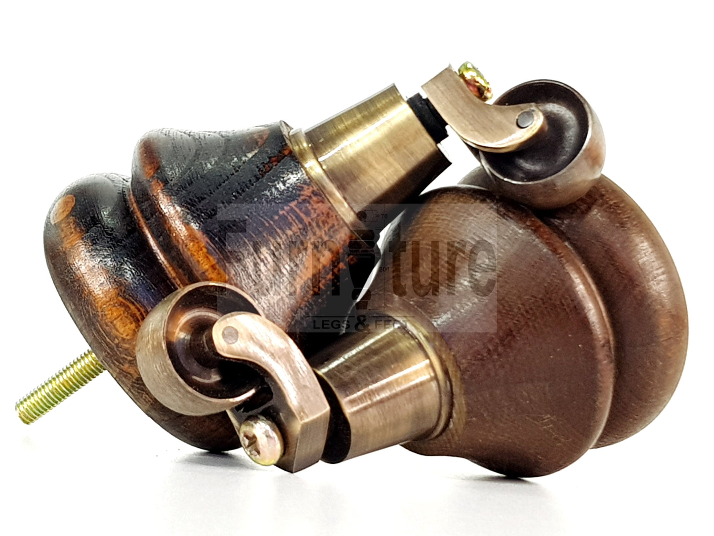 4x Turned Furniture Wood Feet With Antique Brass Castors 140mm Sofas Chairs Settee Cabinets Beds M8(8mm)