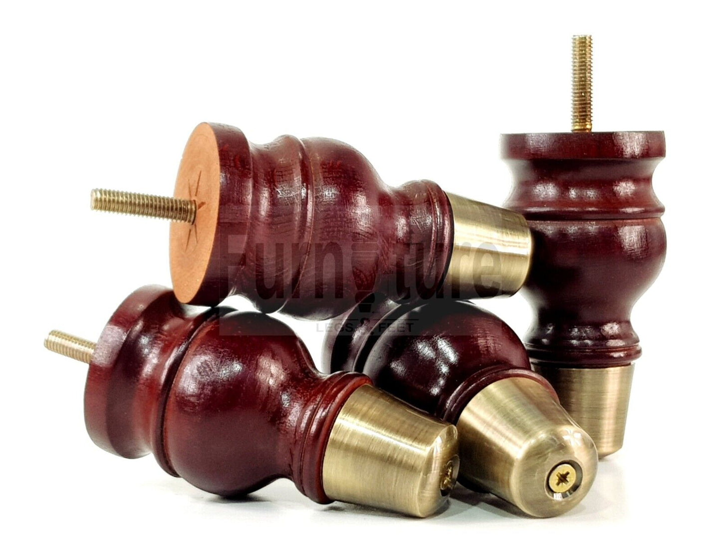 4x Turned Wooden Furniture Leg Brass Slipper Cup Sofa, Chair Feet 110mm High M8