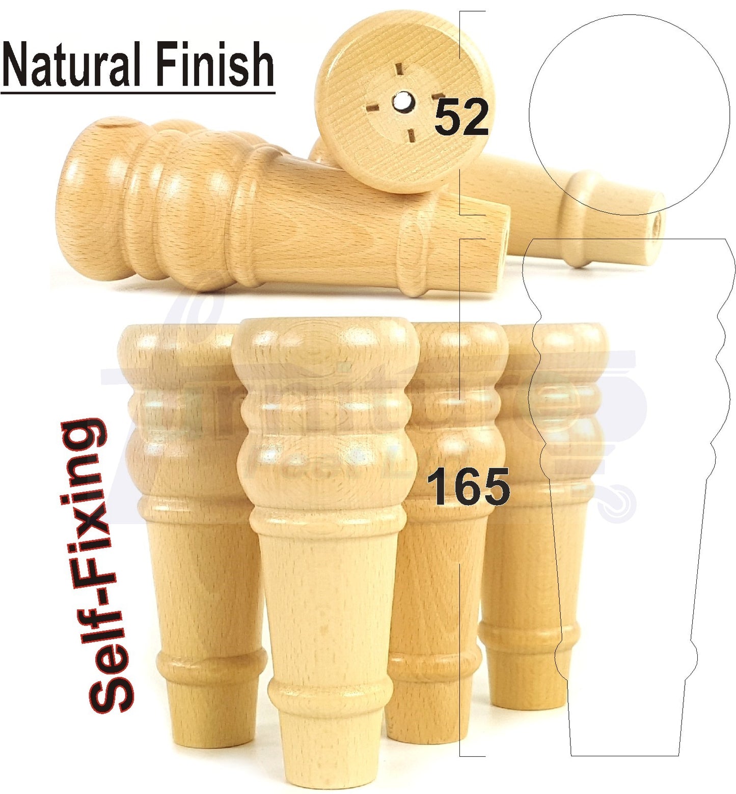 4x Wood Turned Furniture Legs Replacement Feet 165mm High 6.5 Inches Chairs Sofa's Beds Settee Cabinets Self-Fix