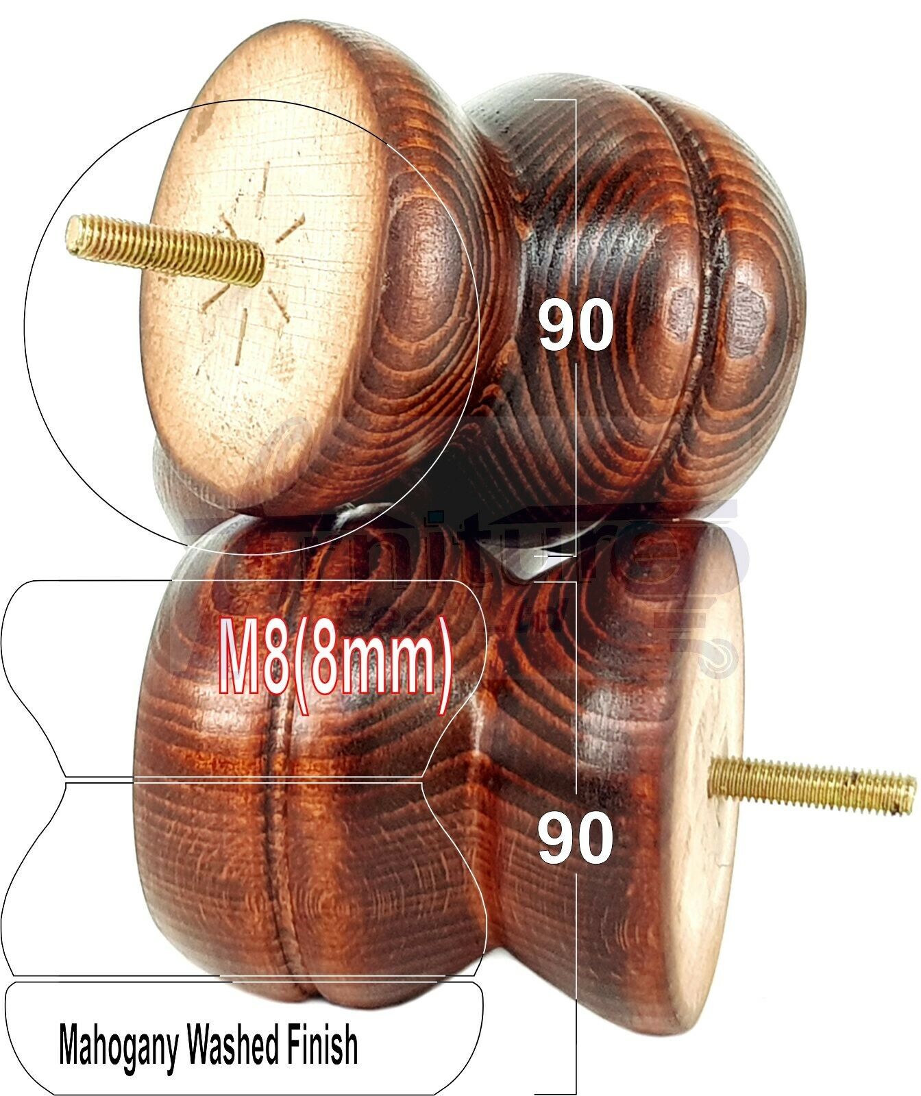 4x Turned Solid Wood Furniture Legs Replacement Bun Feet 90mm High 8mm Thread