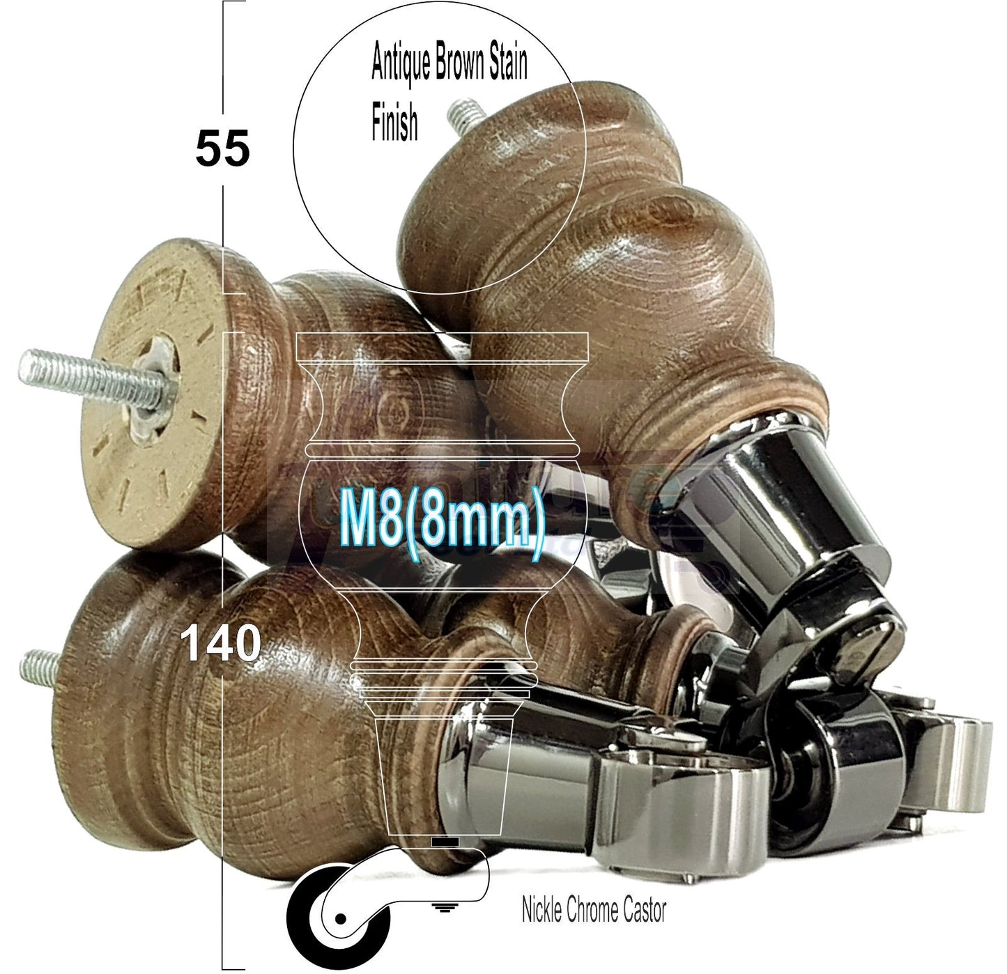 Set Of 4 Turned Wood Furniture Legs With 150mm High Castor 8mm Thread For Chairs Settees & Cabinets Antique Brown Stain