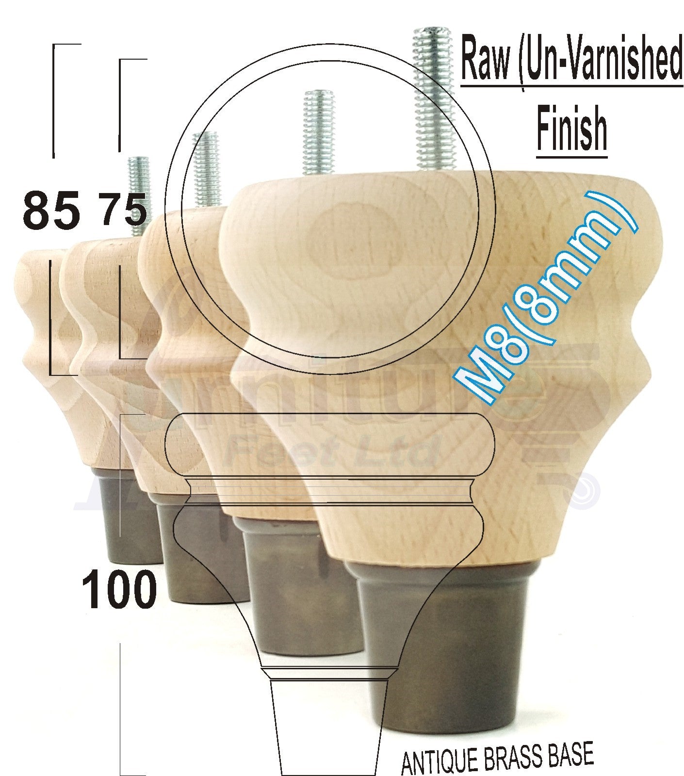 4x Turned Wood Furniture Feet M8(8mm) With Slipper Cup Chair Sofa Settee Legs 110mm