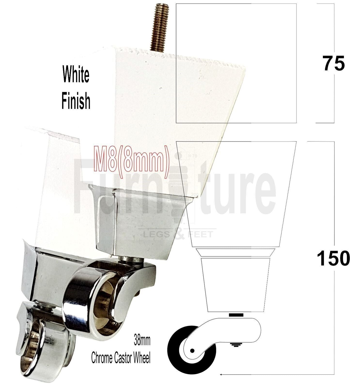 4x Block Wood Furniture Legs With Chrome Castors For Sofa Chairs Settees 8mm Thread 150mm High