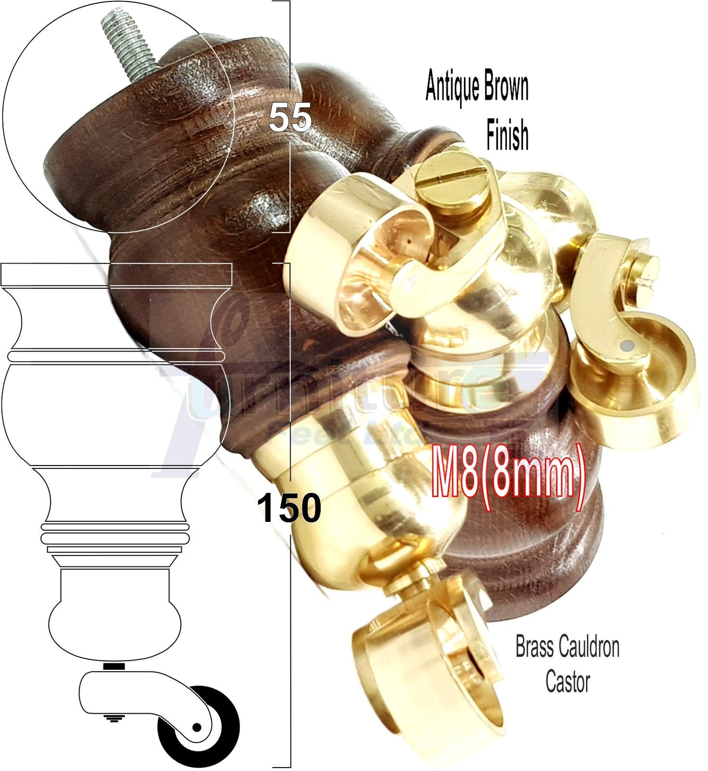 Set Of 4 Turned Wood Furniture Legs With 140mm High Castor 8mm Thread For Chairs Settees & Cabinets Antique Brown