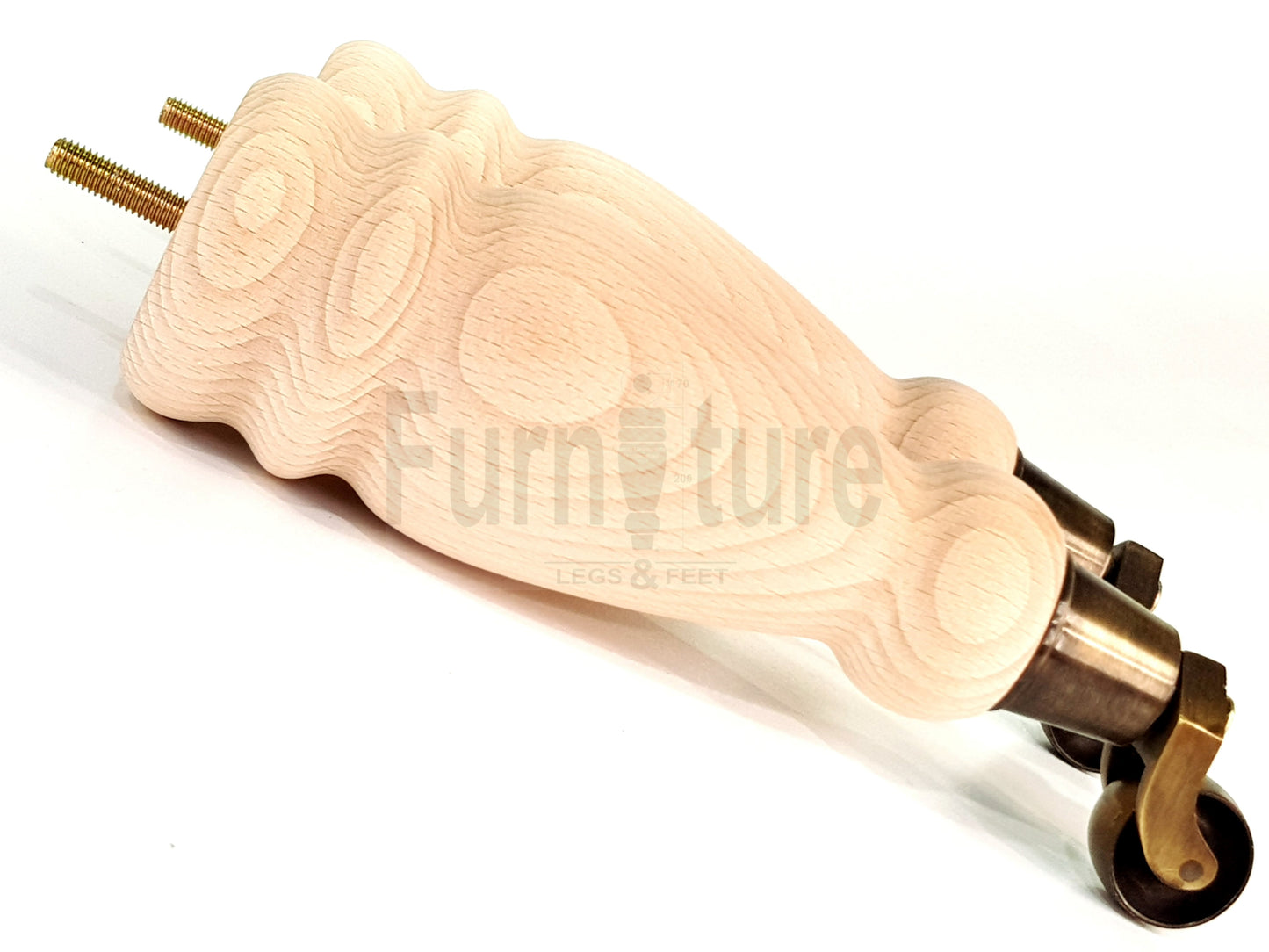 Set Of 4 Wooden Turned Replacement Furniture Legs 250mm High With Antique Brass Castor Wheels 8mm Thread
