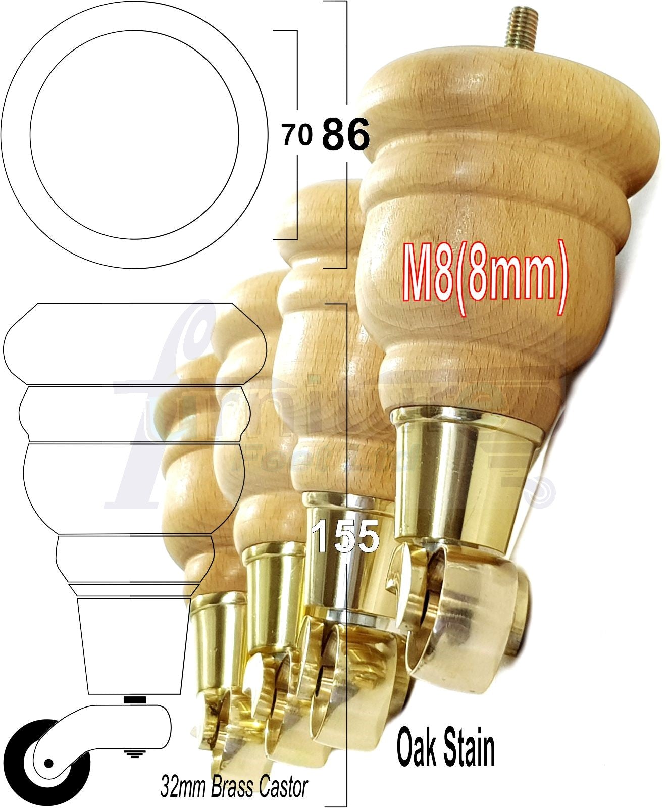 4 Turned Wood Furniture Feet With Brass Castors 155mm Legs Sofas Chairs Stools Cabinets Beds M8 6 Inches