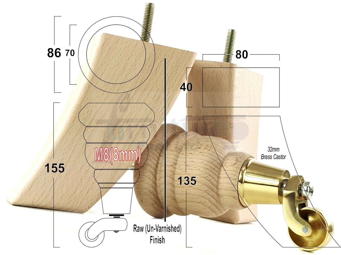 Turned Furniture Feet 2 With Castors 155mm and 2 Curved Back Legs Raw Wood for Sofas Chairs Stools Cabinets Beds M8 6 Inches