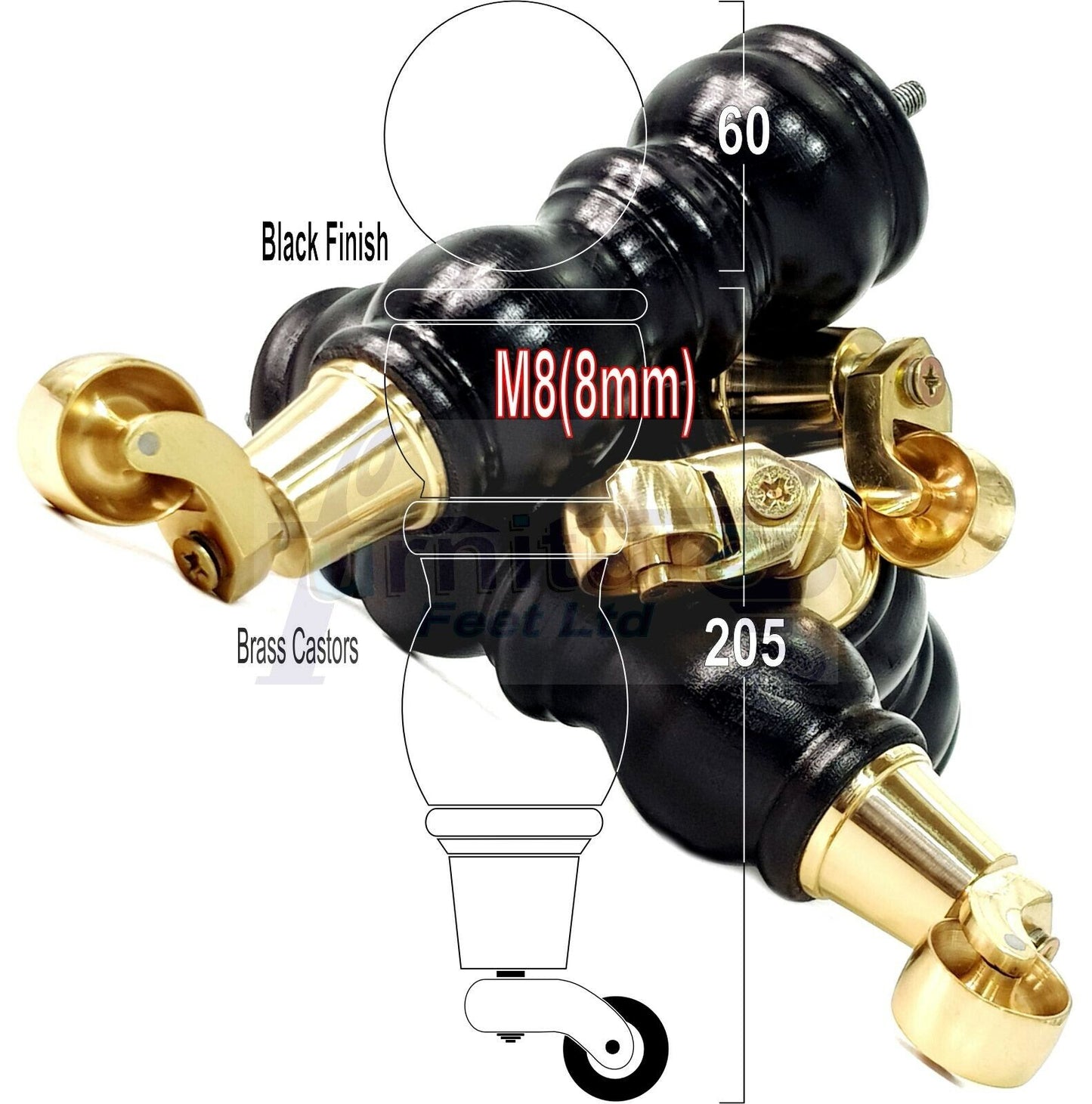 4x Furniture Feet With Castor 205mm High Legs Black Wood M8 Sofas Chairs Stools Cabinets 8 Inches Tall