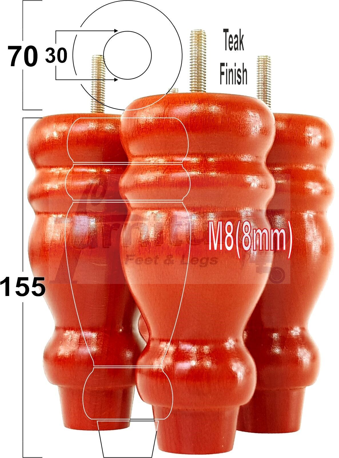Set Of 4 Turned Wood Furniture Replacement Feet 155mm High 8mm Tread