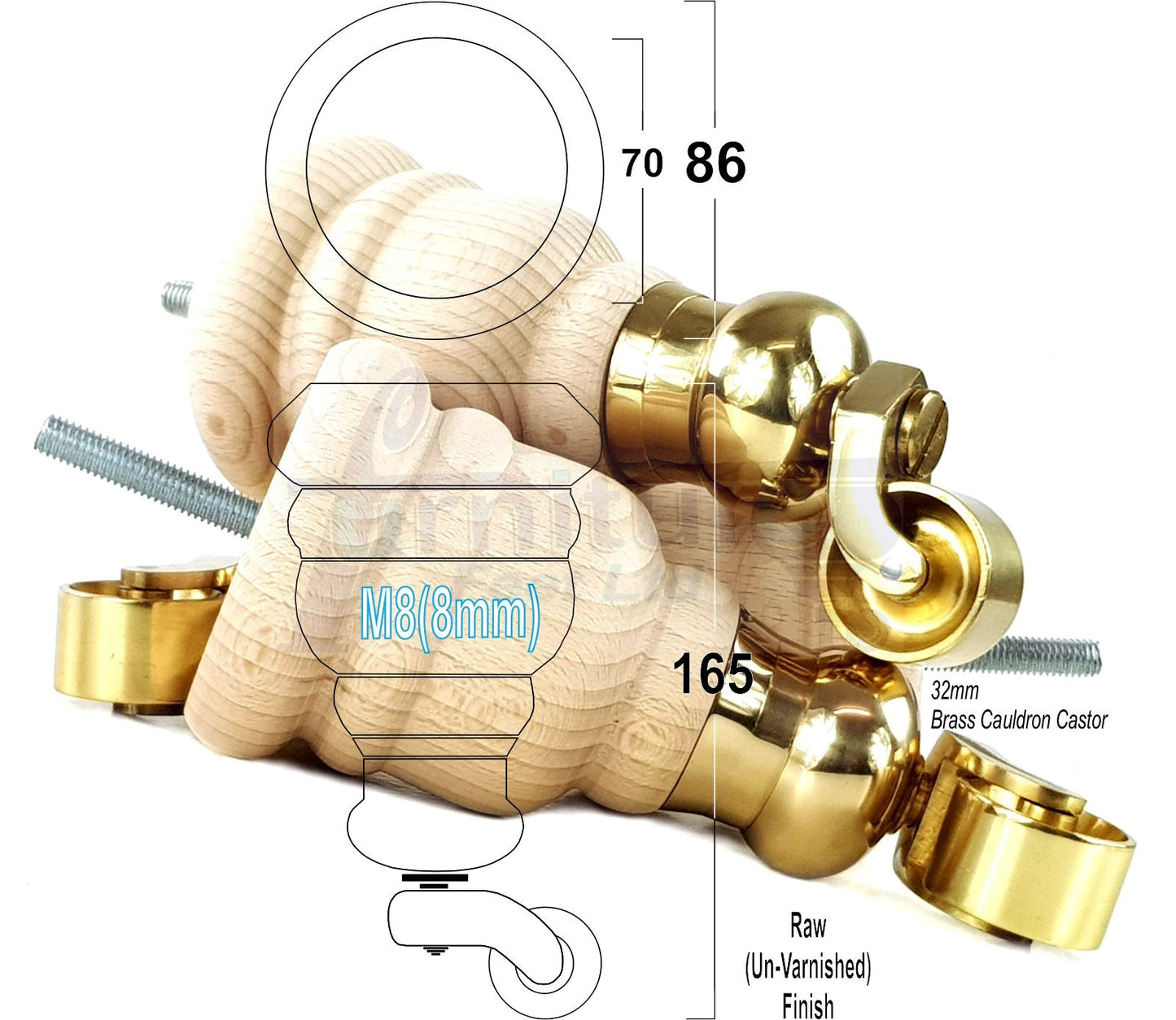 4 Turned Wood Furniture Feet With Brass Cauldron Castors 160mm Legs Sofas Chairs Stools Cabinets Beds M8 6 Inches