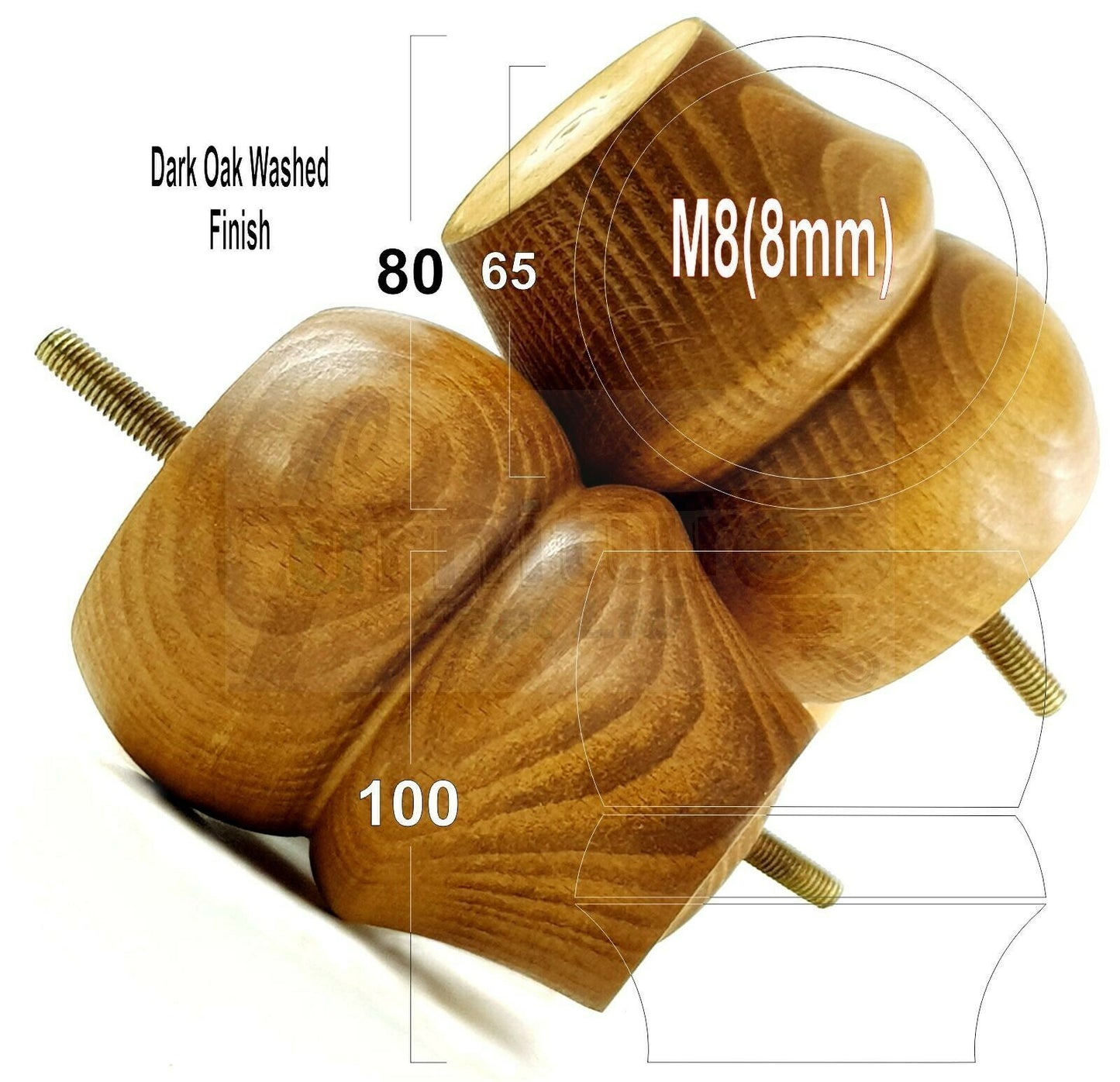 Set Of 4 Solid Wood Turned Furniture Legs Replacement Bun Feet 100mm High 8mm Thread  
