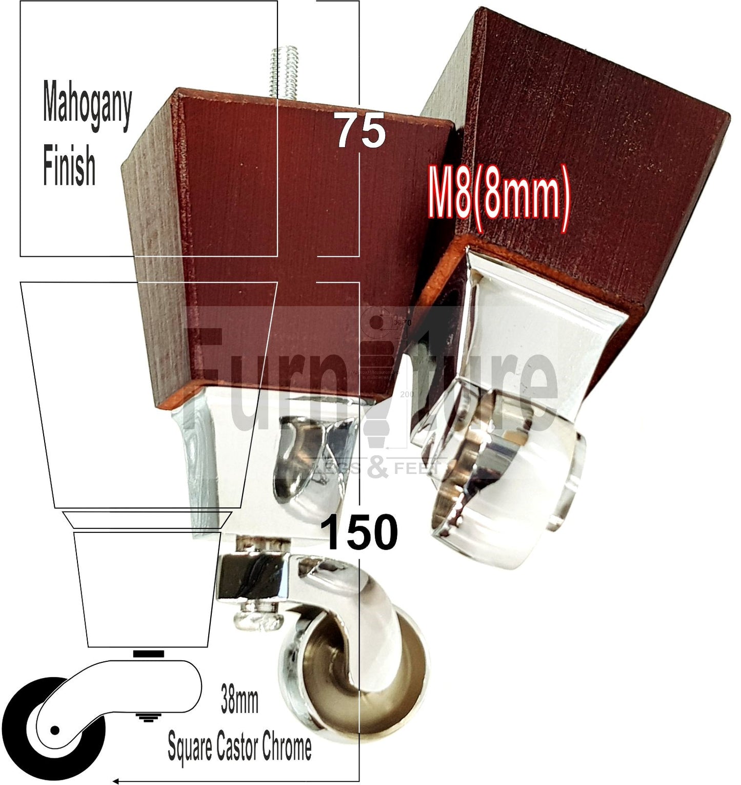 4x Block Wood With Castor Furniture Legs 8mm Thread For Chairs Settees Sofa 150mm
