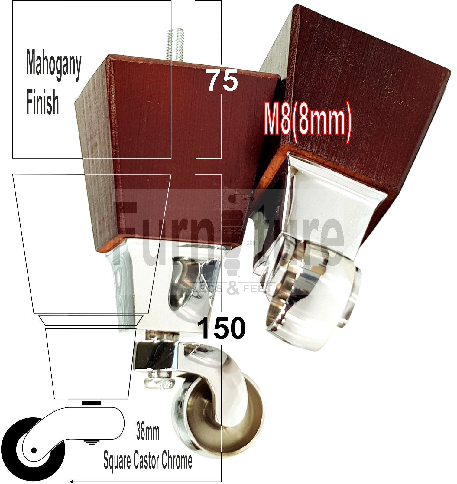 4x Block Wood With Castor Furniture Legs 8mm Thread For Chairs Settees Sofa 150mm