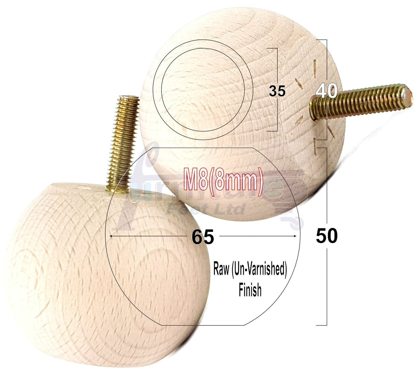 4 Solid Round Wood Turned Furniture Legs Replacement Bun Feet 2 Inches 50mm High Chairs Sofa Beds Settee M8 