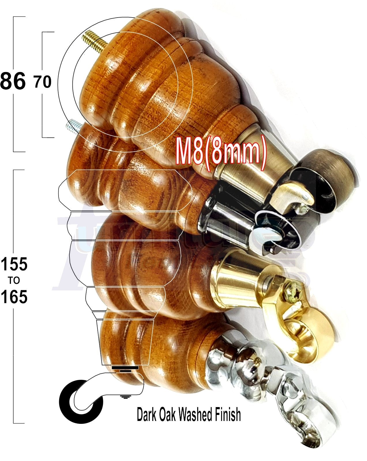 4 Turned Wood Furniture Feet With Chrome Castors 155mm Legs Sofas Chairs Stools Cabinets Beds M8 6 Inches