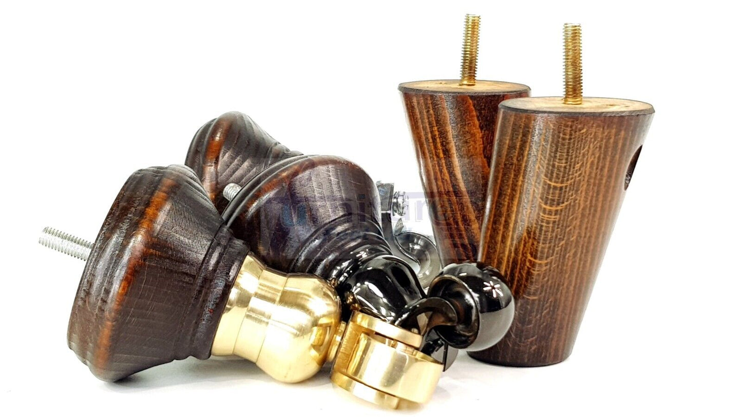 2 Dark Walnut Washed Wood Furniture Sofa Legs With Castor 125mm & 2 Angled Back Feet Chair Settee 100mm High M8