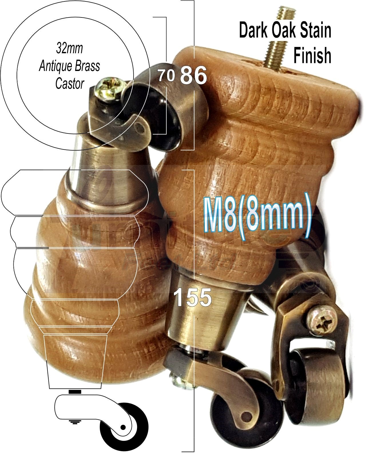 4 Turned Wood Furniture Feet With Antique Brass Castors 155mm Legs Sofas Chairs Stools Cabinets Beds M8 6 Inches