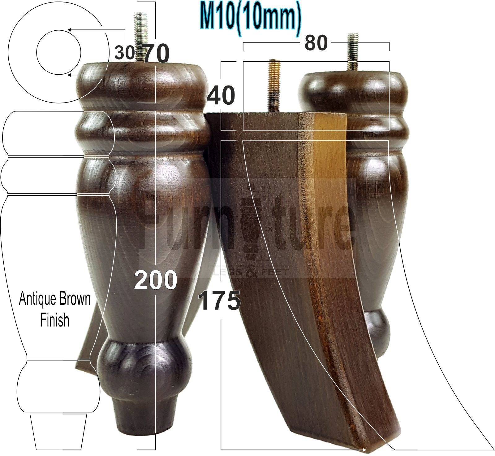 2x Furniture Legs Replacement Sofa Feet 200mm & 2x Curved Legs 175mm for Chairs Sofa Settee M10 Thread