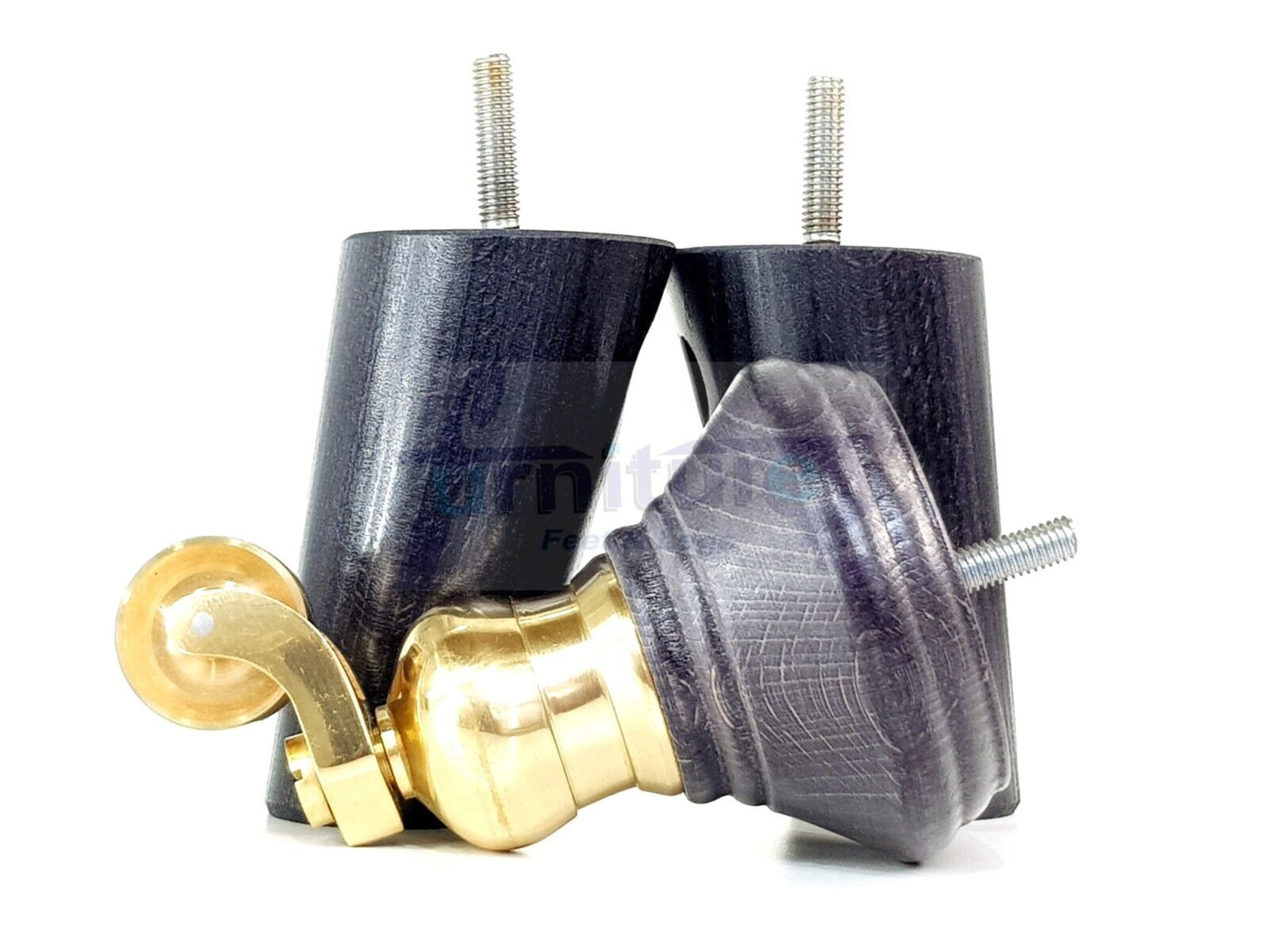 2 Black Stain Wood Furniture Sofa Legs With Castor 125mm & 2 Angled Back Feet Chair Settee 100mm High M8