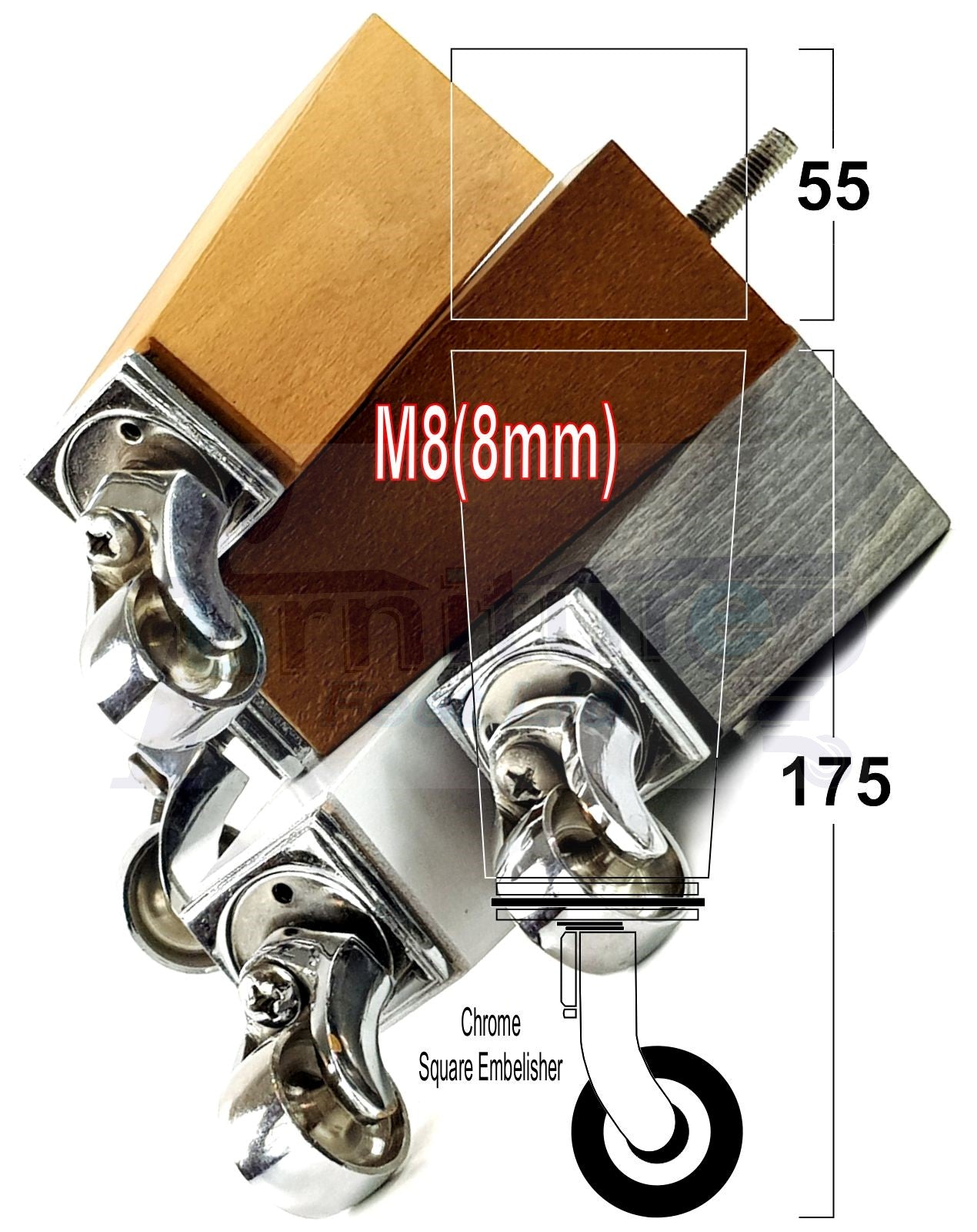 4x Solid Wood Furniture Legs Chair Sofa Bed Replacement Feet 175mm High With Chrome Castors 8mm Thread
