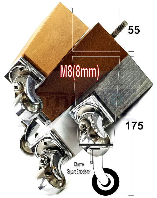 4x Solid Wood Furniture Legs Chair Sofa Bed Replacement Feet 175mm High With Chrome Castors 8mm Thread