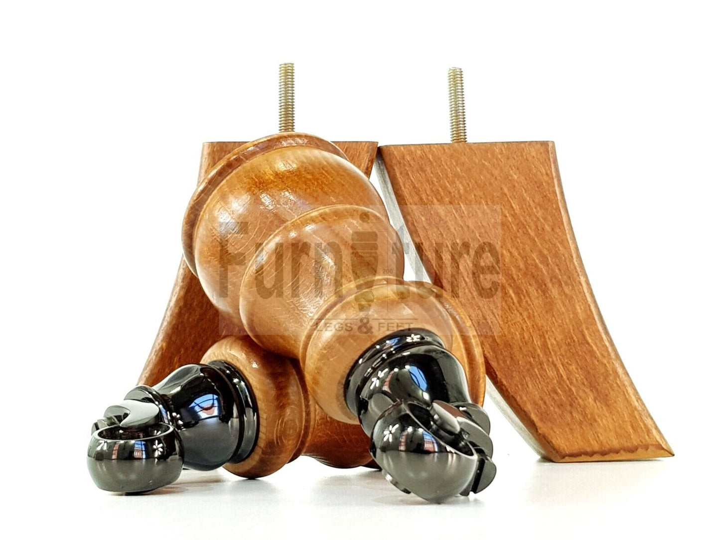 2 Wooden Castor Furniture Sofa Legs & 2 Curved Back Feet  Dark Oak Stain M8 Chair Settee Feet 160mm High