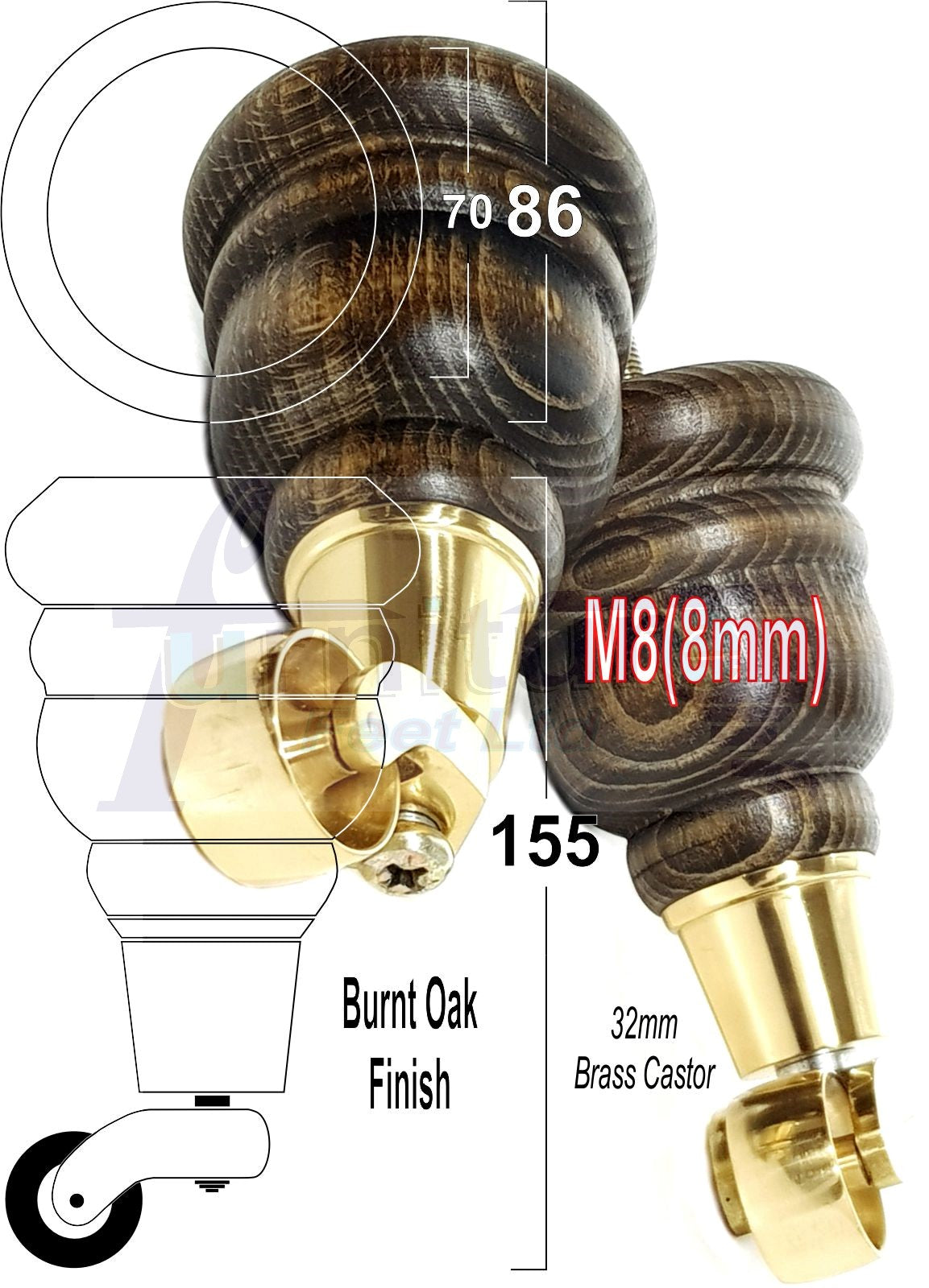 4 Turned Wood Furniture Feet With Brass Castors 155mm Legs Sofas Chairs Stools Cabinets Beds M8 6 Inches
