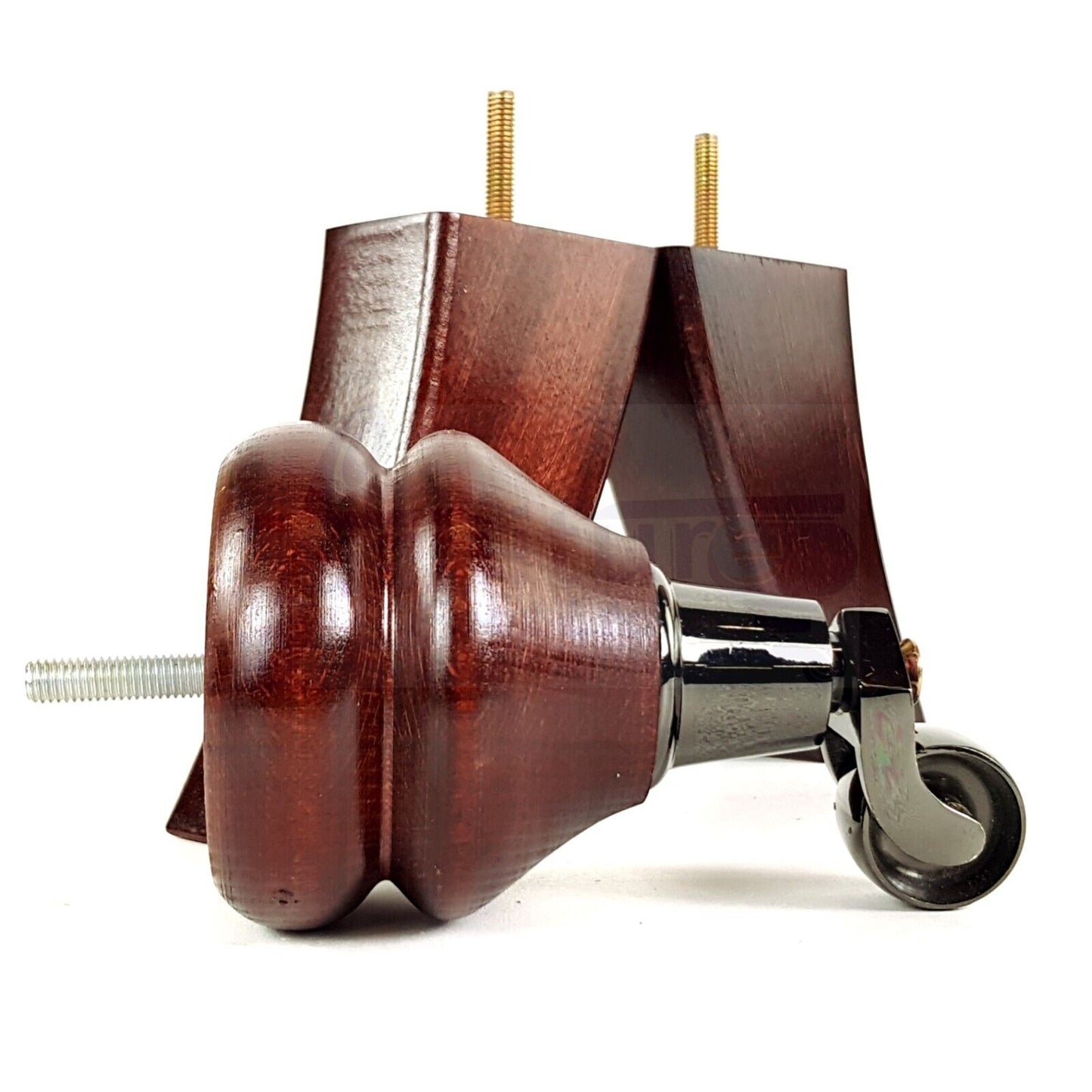 Turned Wood Furniture Feet 2 With Castors 140mm & 2 Curved Back Legs Sofas Chairs Stools Cabinets Beds M10(10mm)