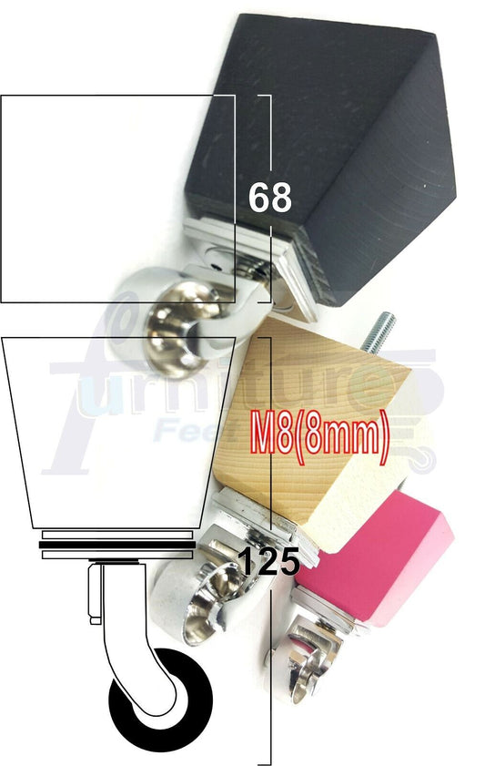 Set Of 4 Wooden Turned Replacement Furniture Legs 125mm High With Chrome Castor Wheels 8mm Thread