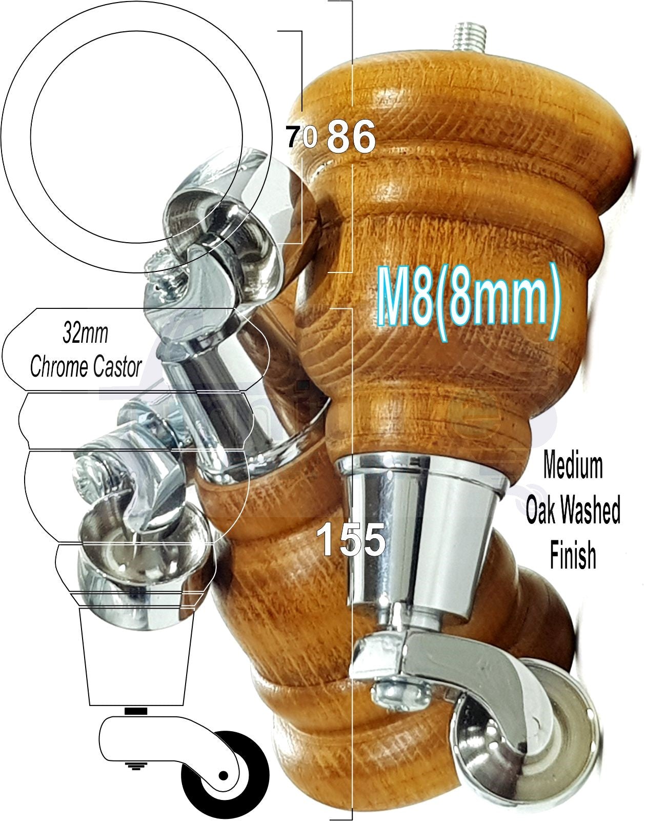 4 Turned Wood Furniture Feet With Chrome Castors 155mm Legs Sofas Chairs Stools Cabinets Beds M8 6 Inches