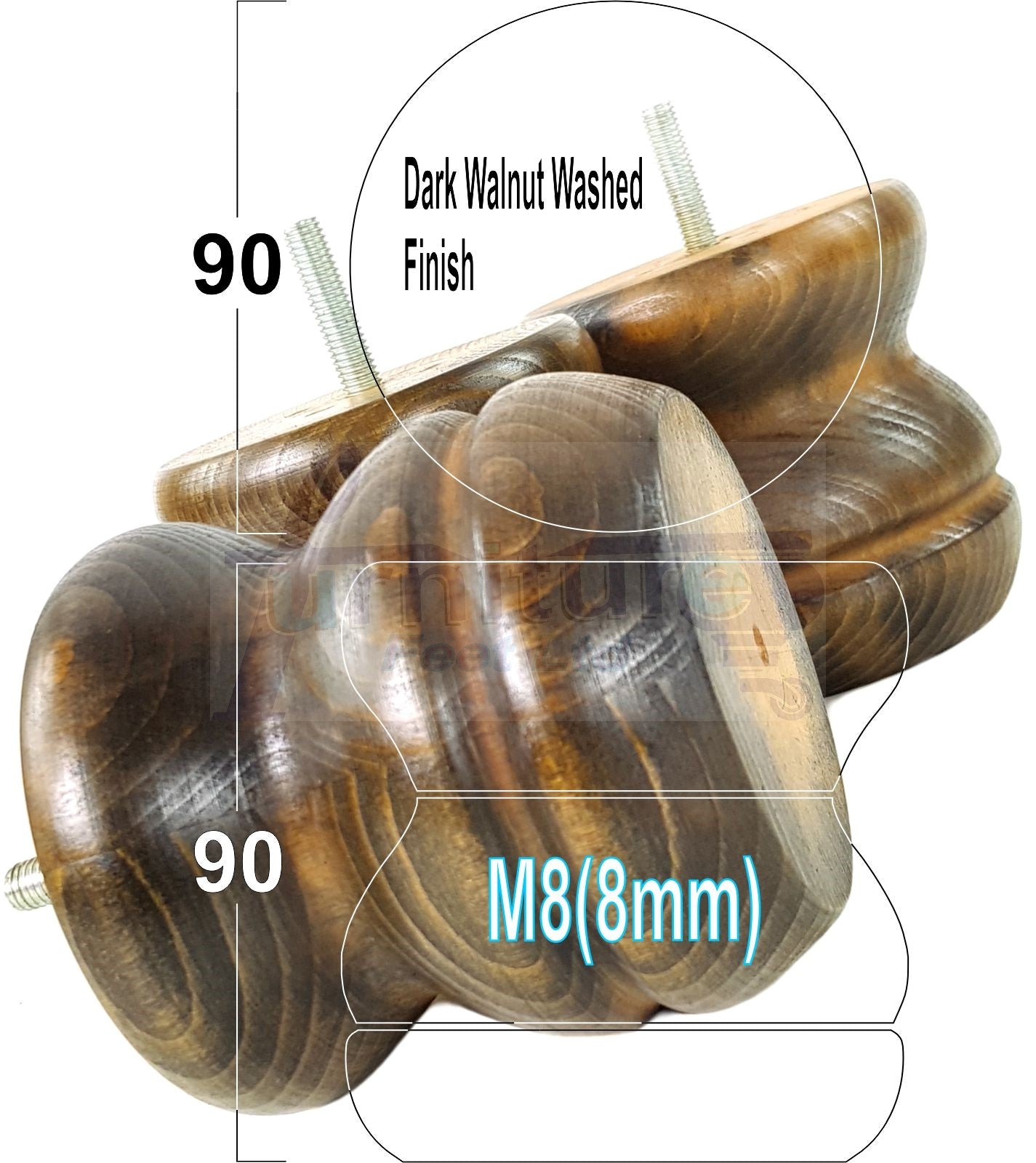 4x Turned Solid Wood Furniture Legs Replacement Bun Feet 90mm High 8mm Thread