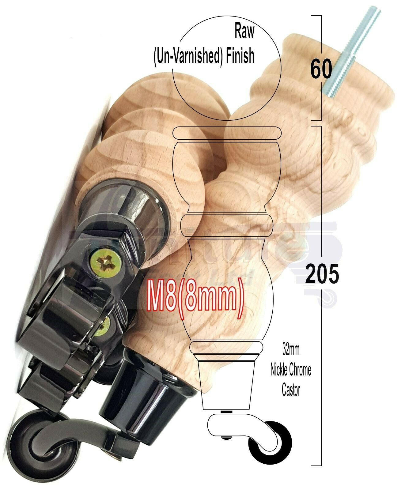 4x Furniture Feet With Castor 205mm High Legs Raw Wood M8 Sofas Chairs Stools Cabinets 8 Inches Tall