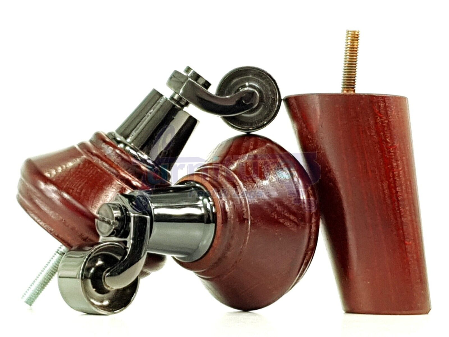 2 Mahogany Wood Furniture Sofa Legs With Castor 125mm & 2 Angled Back Feet Chair Settee 100mm High M8