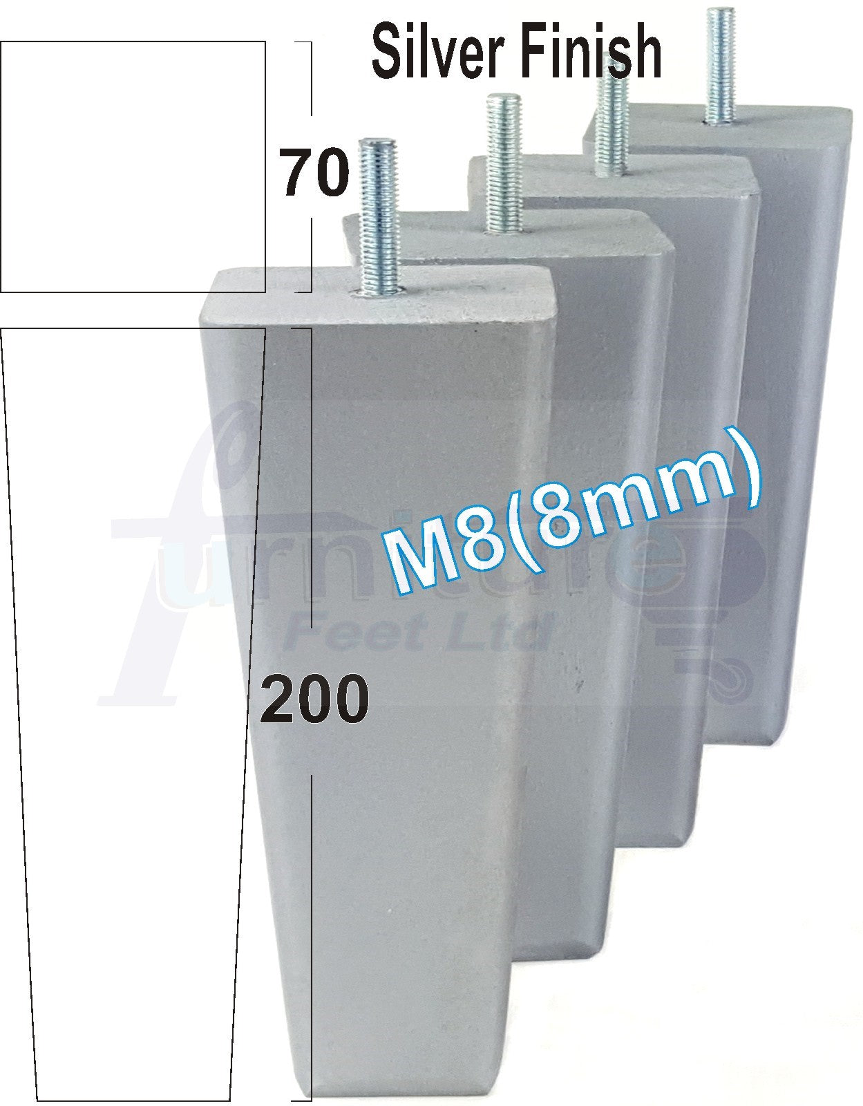 4x Wooden Furniture Legs 200mm High Replacement Square Tapered Feet 8mm