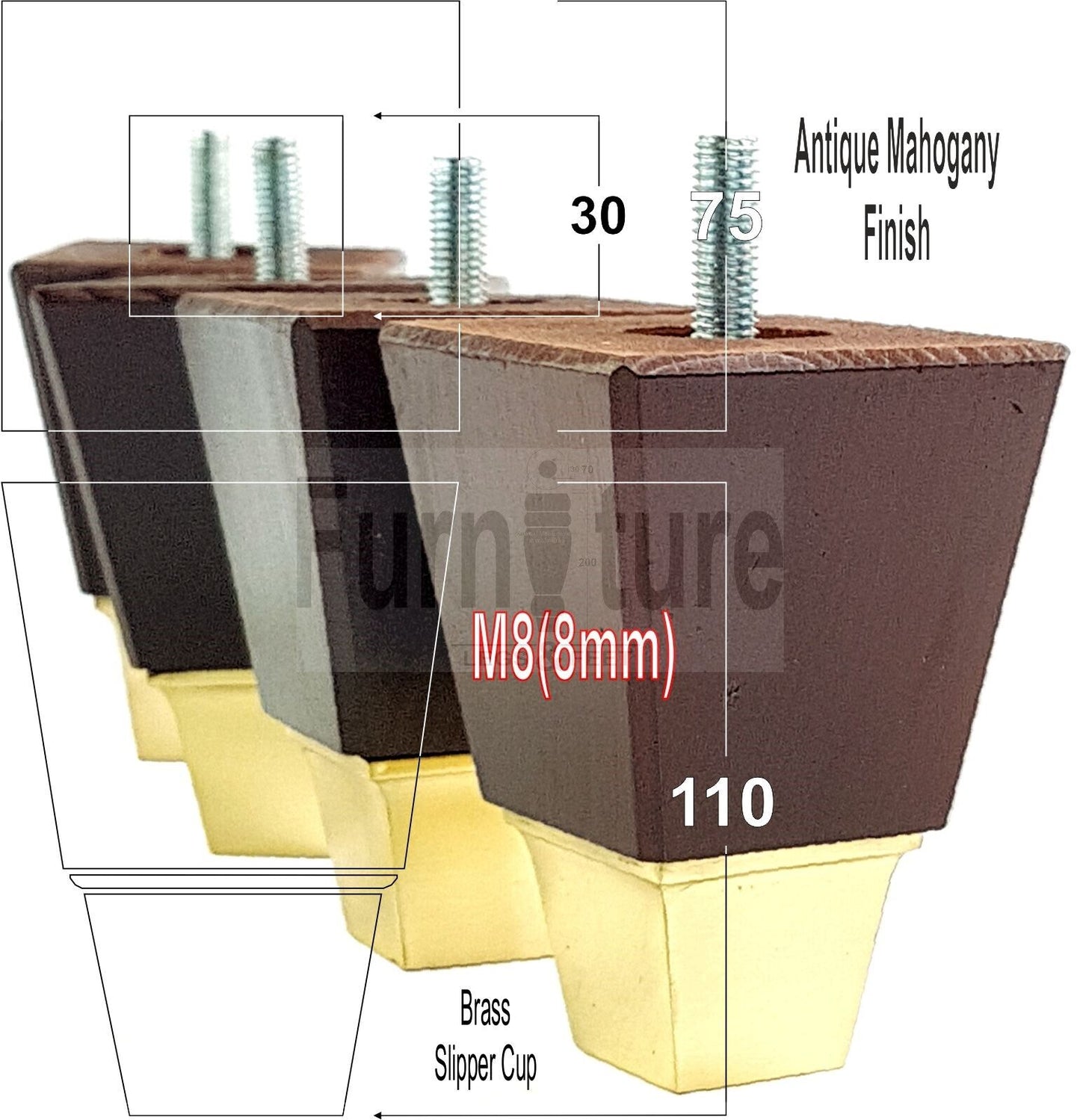 4x Block Wood With A Brass Slipper Cup Furniture Chair Settee Legs M8 Sofa Feet 110mm