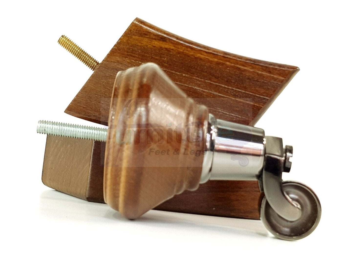 2 Antique Brown Wood Furniture Sofa Feet With Castor 125mm & 2 Curved Legs Chair Settee 100mm High M8