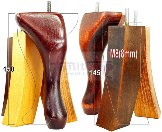 2x Vintage Queen Anne Replacement Furniture Legs & 2x Curved Back Feet 150mm 6 Inch High 8mm Thread