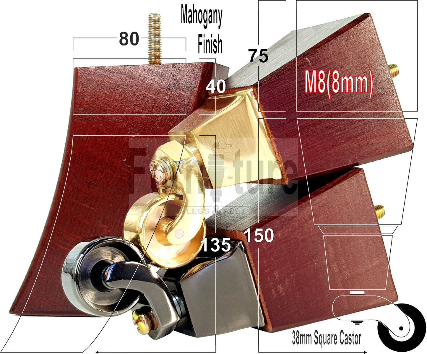 2x Cuved Wood Furniture Legs & 2x Castor Feet 150mm High For Chairs Sofas Settees 8mm Thread
